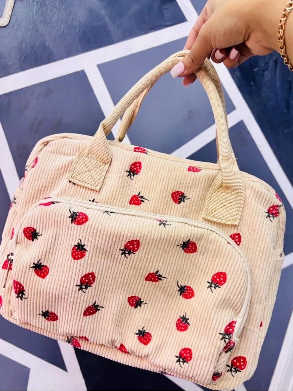 Primark Beige Corduroy Handbag with Red Strawberry Motif
